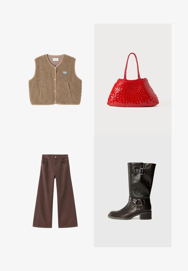 Smeđa flis prsluk s mekom teksturom, okruglim izrezom, prednjim zatvaranjem na kopču i bočnim džepovima; sadrži malu oznaku loga.; Svijetloplava dugoslavna polo majica s horizontalnim sivim i bijelim prugama i ovratnikom.; Smeđe široke traperice izrađene od denima. Imaju pet džepova, patentni rajsferšlus i metalne zakovice. Glatka tekstura i klasičan dizajn.; Smeđe kožne čizme do koljena s zaobljenim prstom, bočnom kopčom i masivnom potpeticom. Glatka tekstura s metalnim naglascima na trakama.; Crvena tkana torba s sjajnim završetkom, koja ima pletene ručke. Karakterističnog trokutastog oblika i teksturirane površine sa uskim uzorkom.