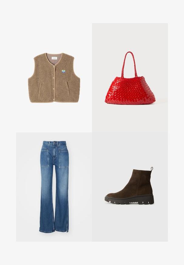 Pruun fliistekampsun pehmea tekstuuriga, ümar kaelus, eesnööbiga sulgemine ja küljetaskud; sisaldab väikest logo silti.; Hele sinine pikkade varrukatega polo-särk, millel on horisontaalsed hallid ja valged triibud ning krae.; Kõrge vöökoht sinised denim püksid laia jala disainiga, millel on kaks eesmist taskut, kontrastne õmblus ja toore ääre viimistlus all.; Pruun nahast pahkluu saabas, millel on tugev must kummitald, kerge konts ja tagumine tõmbetöödeldud osa, mis muudab selga panemise lihtsamaks.; Punane kootud käekott läikiva viimistluse ja punutud käepidemetega. Silmatorkav kolmnurkne kuju ja tekstureeritud pind tiheda mustriga.