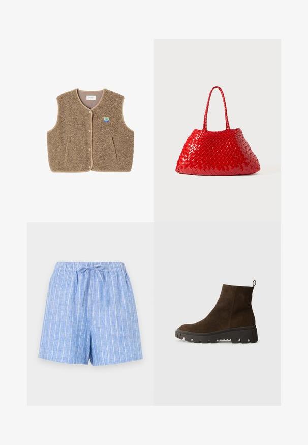 Bruine fleece vest met een zachte textuur, ronde halslijn, sluiting met drukknoop aan de voorkant en zijzakken; heeft een kleine logo patch.; Lichtblauwe polo met lange mouwen, voorzien van horizontale grijze en witte strepen en een kraag.; Lichtblauwe linnen shorts met witte verticale strepen, een elastische tailleband en een gewikkelde trekkoord aan de voorkant.; Bruine suède enkellaars met een stevige zwarte rubberen zool, voorzien van een lichte hak en een trekband aan de achterkant voor eenvoudig aan- en uittrekken.; Rode geweven handtas met glanzende afwerking, voorzien van gevlochten handvatten. Kenmerkende driehoekige vorm en gestructureerd oppervlak met een strak patroon.