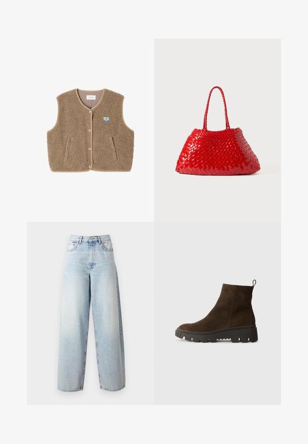 Gilet in felpa marrone con una texture morbida, scollo rotondo, chiusura frontale con bottoni a pressione e tasche laterali; presenta un piccolo logo ricamato.; Polo a maniche lunghe blu chiaro con righe orizzontali grigie e bianche e colletto.; Samsøe Samsøe HARPER - Wide Leg - frozen snow; Stivaletto in camoscio marrone con suola in gomma nera chunky, caratterizzato da un leggero tacco e una linguetta sul retro per una facile calzata.; Borsa intrecciata rossa con finitura lucida, dotata di manici intrecciati. Forma triangolare distintiva e superficie testurizzata con un motivo fitto.