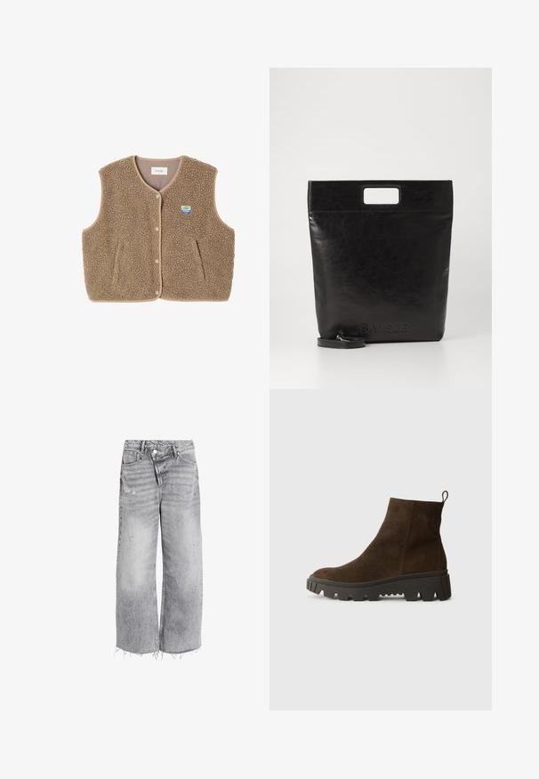 Bruine fleece vest met een zachte textuur, ronde halslijn, sluiting met drukknoop aan de voorkant en zijzakken; heeft een kleine logo patch.; Lichtblauwe polo met lange mouwen, voorzien van horizontale grijze en witte strepen en een kraag.; High-waisted wijde jeans in lichtgrijze denim, met verwerkte accenten en een onafgewerkte zoom. Twee voorzakken en een knoopsluiting.; Bruine suède enkellaars met een stevige zwarte rubberen zool, voorzien van een lichte hak en een trekband aan de achterkant voor eenvoudig aan- en uittrekken.; Zwarte leren draagtas met een vierkant handvat, met een gestructureerde afwerking en een reliëflogo. Inclusief een afneembare schouderband.