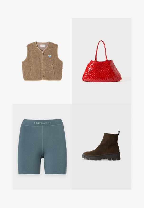 Ruskea fleece-liivi, jossa on pehmeä rakenne, pyöreä kaula-aukko, edessä nappisuljenta ja sivutaskut; sisältää pienen logopatchin.; Vaaleansininen pitkähihainen poolopaita, jossa on vaakasuoria harmaita ja valkoisia raitoja sekä kauluksen kanssa.; Vaaleansiniset aktiivishortsit, joissa on sileä pinta, reiden puoliväliin asti ulottuva pituus ja logo vyötäröllä; sisältää vahvistetut saumat.; Ruskoharmaa nahkasaapas nilkkoihin, jossa on paksu musta kumipohja, hieno korko ja vetotappi takana helppoa pukemista varten.; Punottu punainen käsilaukku kiiltävällä pinnalla, jossa on letitetyt kahvat. Erityinen kolmiomainen muoto ja karheus tiheällä pinnalla.