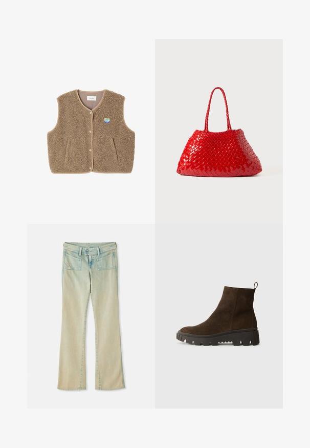 Smeđa flis prsluk s mekom teksturom, okruglim izrezom, prednjim zatvaranjem na kopču i bočnim džepovima; sadrži malu oznaku loga.; Svijetloplava dugoslavna polo majica s horizontalnim sivim i bijelim prugama i ovratnikom.; Svijetloplave traperice s širokim nogavicama i izblijeđenim završetkom, s petljama za pojas, dva prednja džepa i dva stražnja džepa s ukrasnim šavovima.; Smeđi nubuk čizmica do gležnjeva s debelim crnim gumennim potplatom, koja ima blagi potpeticu i vezicu na stražnjem dijelu za lakše oblačenje.; Crvena tkana torba s sjajnim završetkom, koja ima pletene ručke. Karakterističnog trokutastog oblika i teksturirane površine sa uskim uzorkom.