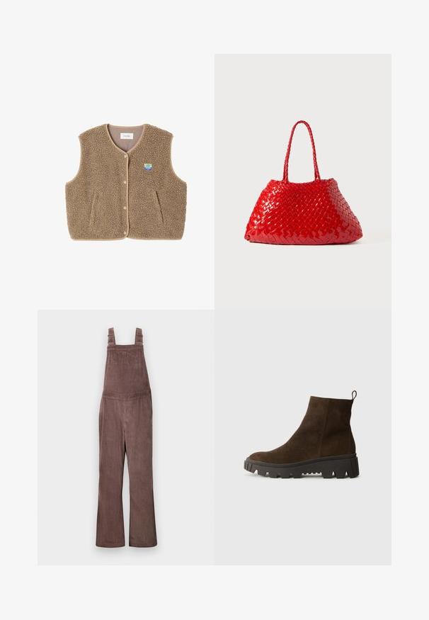 Brązowa kamizelka z polaru o miękkiej fakturze, z okrągłym dekoltem, z przodu na zatrzaski oraz z bocznymi kieszeniami; zawiera małą naszywkę z logo.; Jasnoniebieska, długosleeva polo z poziomymi szarymi i białymi paskami oraz kołnierzykiem.; Brązowe ogrodniczki z korduroyu z regulowanymi ramiączkami, szerokimi nogawkami i pionowym teksturowaniem. Posiadają boczne kieszenie i luźny krój.; Brązowy zamszowy botek za kostkę z masywną czarną gumową podeszwą, posiadający lekki obcas i pętelkę z tyłu ułatwiającą zakładanie.; Czerwona pleciona torba o błyszczącej powierzchni, z plecionymi uchwytami. Charakterystyczny trójkątny kształt i teksturowana powierzchnia z ciasnym wzorem.