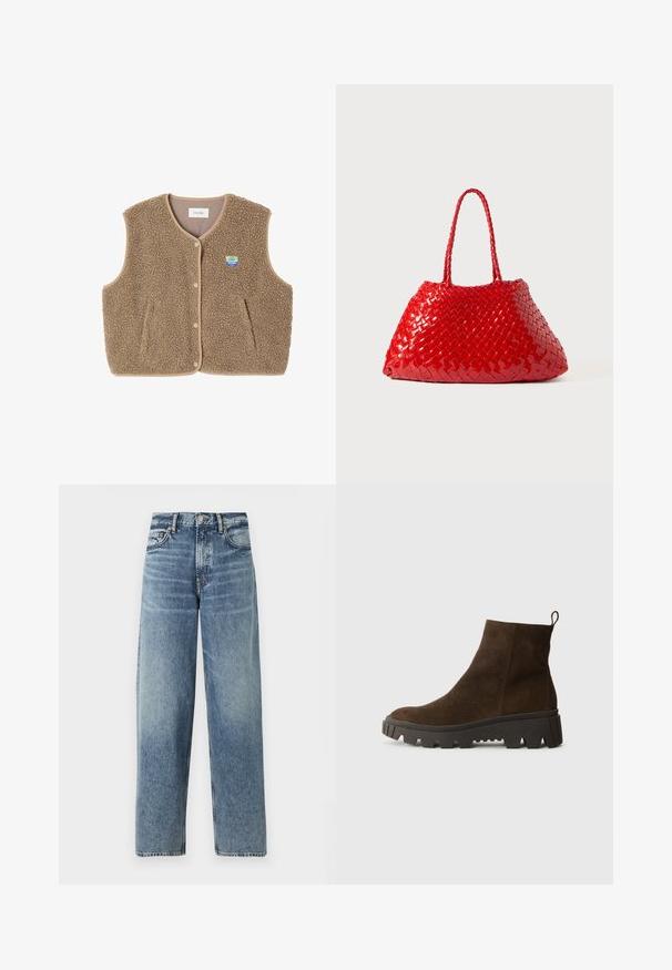 Brun fleece vest med en blød tekstur, rund halsudskæring, frontsnaplukning og sidelommer; har et lille logo patch.; Lyseblå langærmet polo-shirt med vandrette grå og hvide striber og krave.; Lyseblå denimjeans med lige pasform, høj talje og subtile falmninger. Har fem lommer og knaplukning.; Brun ruskindsankelstøvle med en kraftig sort gummisål, der har en let hæl og en slip-in hækling for nem påklædning.; Rød vævet håndtaske med blank finish, der har flettede håndtag. Distinktiv trekantet form og tekstureret overflade med et stramt mønster.