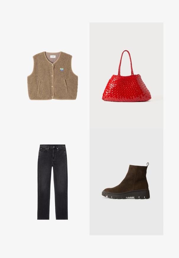 Chaleco de forro polar marrón con una textura suave, escote redondeado, cierre frontal de botones a presión y bolsillos laterales; presenta un pequeño parche con el logo.; Camisa polo de manga larga azul claro con rayas horizontales grises y blancas y un cuello tipo polo.; Vaqueros de mezclilla negra con un corte recto, diseño de cinco bolsillos, cierre de botón y cremallera, y etiqueta de la marca en el bolsillo trasero.; Botín de ante marrón hasta el tobillo con una suela de goma negra gruesa, que presenta un ligero tacón y una lengüeta en la parte posterior para facilitar su puesta.; Bolso de mano tejido en rojo con acabado brillante, que presenta asas trenzadas. Forma triangular distintiva y superficie texturizada con un patrón apretado.