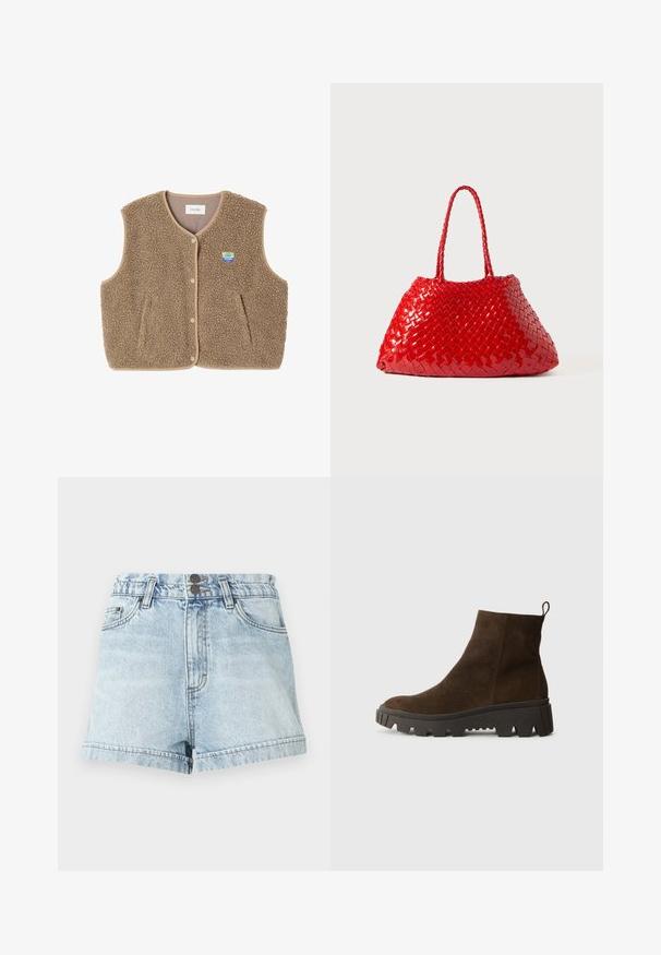 Pruun fliistekampsun pehmea tekstuuriga, ümar kaelus, eesnööbiga sulgemine ja küljetaskud; sisaldab väikest logo silti.; Hele sinine pikkade varrukatega polo-särk, millel on horisontaalsed hallid ja valged triibud ning krae.; Heledad siidised denimsärgiga lühikesed püksid, kõrge vöökoht, kaks eesmist taskut, kaks nuppu ja rullitud servad, millel on kergelt pleekinud värvus ja kerge kulumine.; Pruun nahast pahkluu saabas, millel on tugev must kummitald, kerge konts ja tagumine tõmbetöödeldud osa, mis muudab selga panemise lihtsamaks.; Punane kootud käekott läikiva viimistluse ja punutud käepidemetega. Silmatorkav kolmnurkne kuju ja tekstureeritud pind tiheda mustriga.