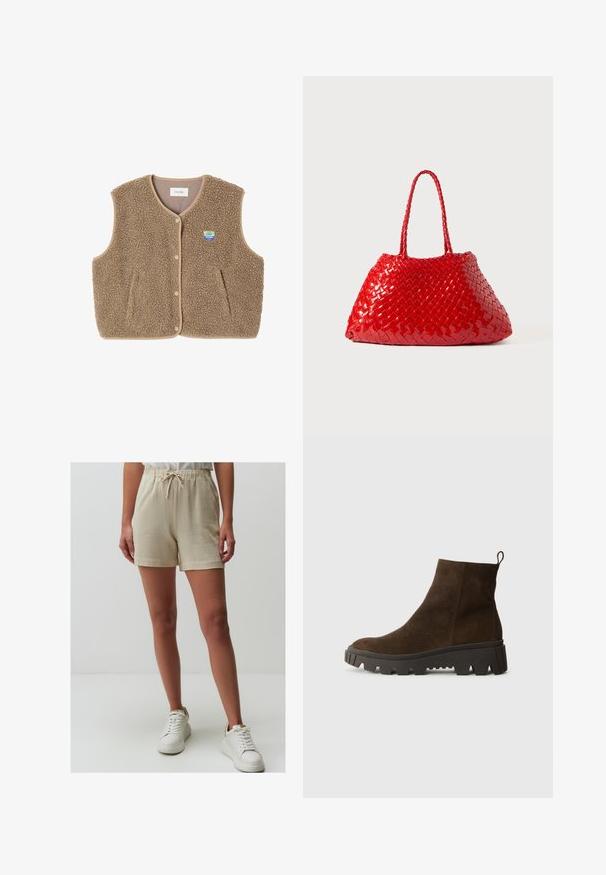 Bruine fleece vest met een zachte textuur, ronde halslijn, sluiting met drukknoop aan de voorkant en zijzakken; heeft een kleine logo patch.; Lichtblauwe polo met lange mouwen, voorzien van horizontale grijze en witte strepen en een kraag.; Beige shorts gemaakt van een lichtgewicht stof met een elastische tailleband en drawstring. Gecombineerd met witte sneakers op een neutrale achtergrond.; Bruine suède enkellaars met een stevige zwarte rubberen zool, voorzien van een lichte hak en een trekband aan de achterkant voor eenvoudig aan- en uittrekken.; Rode geweven handtas met glanzende afwerking, voorzien van gevlochten handvatten. Kenmerkende driehoekige vorm en gestructureerd oppervlak met een strak patroon.