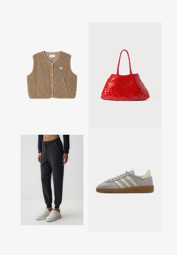 Brązowa kamizelka z polaru o miękkiej fakturze, z okrągłym dekoltem, z przodu na zatrzaski oraz z bocznymi kieszeniami; zawiera małą naszywkę z logo.; Jasnoniebieska, długosleeva polo z poziomymi szarymi i białymi paskami oraz kołnierzykiem.; Jimmy Key - Spodnie treningowe; Szare zamszowe trampki z jasnoszarymi skórzanymi paskami i gumową podeszwą. Wśród cech znajduje się zapięcie na sznurowadła oraz subtelna marka na języku.; Czerwona pleciona torba o błyszczącej powierzchni, z plecionymi uchwytami. Charakterystyczny trójkątny kształt i teksturowana powierzchnia z ciasnym wzorem.