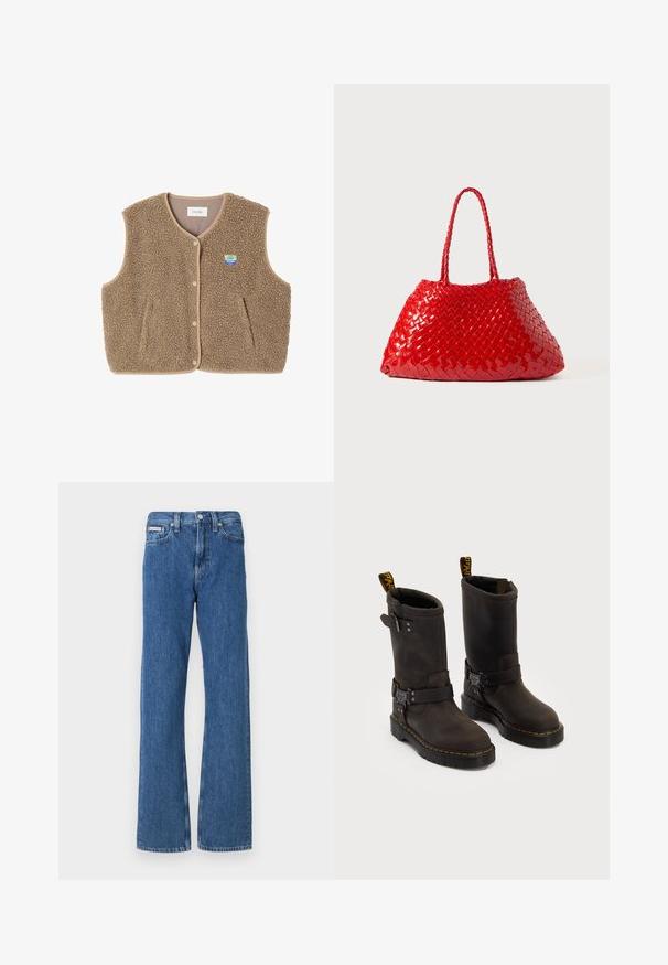 Pruun fliistekampsun pehmea tekstuuriga, ümar kaelus, eesnööbiga sulgemine ja küljetaskud; sisaldab väikest logo silti.; Hele sinine pikkade varrukatega polo-särk, millel on horisontaalsed hallid ja valged triibud ning krae.; Sinised teksapüksid sirge lõikega, keskhõõrdumise vöökoha ja esitaskutega, õrnade kulumiste detailidega.; Tumedate pruunid nahast saapad keskmise kannaga, kollased õmblused, reguleeritavad klambrid ja tõmblukud ülaosas. Marmoreeritud viimistlus.; Punane kootud käekott läikiva viimistluse ja punutud käepidemetega. Silmatorkav kolmnurkne kuju ja tekstureeritud pind tiheda mustriga.