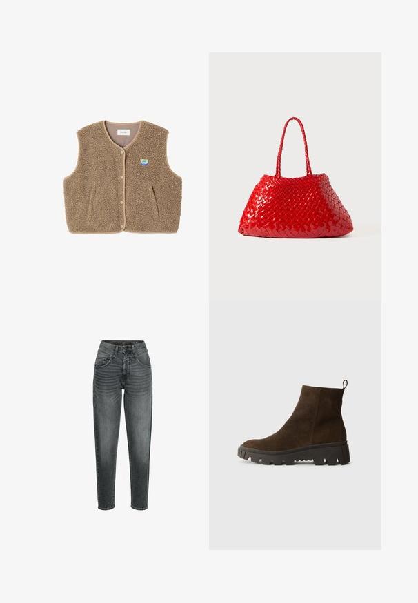 Brauner Fleece-Weste mit weicher Textur, runder Ausschnitt, vorderer Druckverschluss und Seitentaschen; verfügt über ein kleines Logo-Patch.; Hellblaues Langarm-Polohemd mit horizontalen grauen und weißen Streifen und einem Kragen.; camel active Denim dunkelgrau; Braune Wildleder-Ankle-Boots mit einer stabilen schwarzen Gummisohle, leichtem Absatz und einer Schlaufe auf der Rückseite für einfaches Anziehen.; Rote gewebte Handtasche mit glänzender Oberfläche, ausgestattet mit geflochtenen Griffen. Auffällige dreieckige Form und strukturierte Oberfläche mit dichtem Muster.