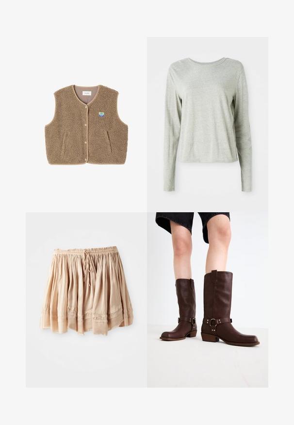 Gilet in felpa marrone con una texture morbida, scollo rotondo, chiusura frontale con bottoni a pressione e tasche laterali; presenta un piccolo logo ricamato.; Maglietta a maniche lunghe grigia chiara realizzata in tessuto morbido, con scollo rotondo e vestibilità comoda. Dettagli con cuciture lungo i fianchi.; Gonna a strati di un beige chiaro realizzata in tessuto morbido con vita elastica e cordino regolabile, caratterizzata da pieghe sottili e dettagli cuciti.; Stivali marroni in pelle al ginocchio con punta rotonda, superficie testurizzata, cinturino alla caviglia e dettagli in metallo argentato; tacco impilato.