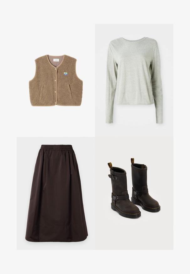 Hnědá fleecová vesta s jemnou texturou, kulatým výstřihem, předním zapínáním na patentky a bočními kapsami; má malou nášivku s logem.; Světle šedá košile s dlouhým rukávem vyrobená z měkké tkaniny, s kulatým výstřihem a uvolněným střihem. Švy podél boků.; Hnědá midi sukně se širším elastickým pasem a širokým lemem, vyrobená z hladké látky s jemnými skladbami pod pasem.; Tmavě hnědé kožené boty se středně dlouhým designem, žlutým prošíváním, nastavovacími přezkami a poutky na vršku. Texturovaný povrch.