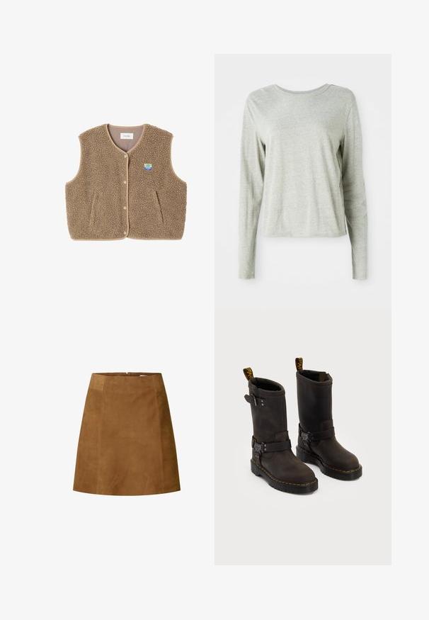 Gilet en polaire marron avec une texture douce, encolure ronde, fermeture à pression à l'avant et poches latérales ; présente un petit patch logo.; Chemise à manches longues grise claire en tissu doux, avec un col rond et une coupe décontractée. Détails de couture le long des côtés.; Jupe mini en daim marron avec une coupe droite, présentant une texture lisse et une fermeture éclair au dos. Design simple sans accents supplémentaires.; Bottes en cuir marron foncé au design mi-mollet, avec des coutures jaunes, des sangles à boucle réglables et des tirettes en haut. Fini texturé.