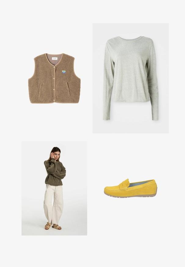 Brauner Fleece-Weste mit weicher Textur, runder Ausschnitt, vorderer Druckverschluss und Seitentaschen; verfügt über ein kleines Logo-Patch.; Helles graues Langarmshirt aus weichem Stoff, mit einem runden Halsausschnitt und lockerem Schnitt. Nahtdetails an den Seiten.; Free People GOOD LUCK MID RISE BARREL - Jeans Relaxed Fit - beige; Gelbe Wildleder-Loafer mit einer gesteppten Akzentuierung an der Vorderkappe, einer weichen Gummisohle und einer hellblauen und weißen gestreiften Innenauskleidung.