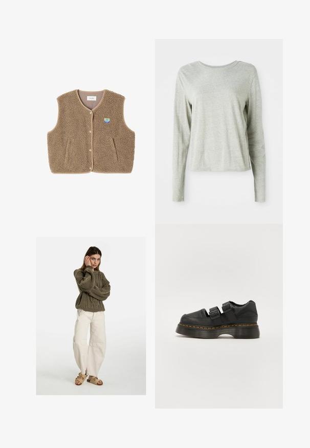 Brown fleece vest with a soft texture, rounded neckline, front snap closure, and side pockets; features a small logo patch.; Light gray long-sleeve shirt made of soft fabric, featuring a round neckline and a relaxed fit. Seam details along the sides.; Free People GOOD LUCK MID RISE BARREL - Relaxed fit jeans - beige; Black leather shoe with two adjustable buckle straps, raised textured sole, and visible orange stitching along the midsole.