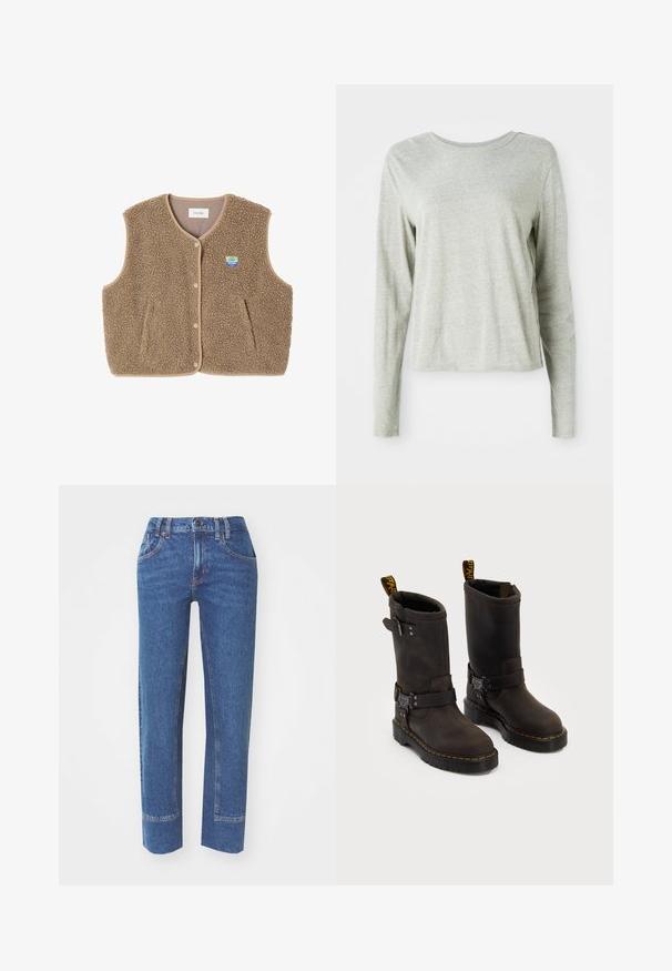 Rudas pūkų liemenė su minkšta tekstūra, suapvalintu apykakle, priekiniais spaudžiamaisiais užtrauktukais ir šoninėmis kišenėmis; turi mažą logotipo etikėtę.; Šviesiai pilkas ilgomis rankovėmis marškinėliai, pagaminti iš minkštos medžiagos, su apvaliomis iškirpėmis ir laisvu siluetu. Siūlų detalės šonuose.; Mėlyni džinsai su tiesiu kirpimu, penkios kišenės ir kontrastinga siuvimo detalė. Medžiaga turi šiek tiek tekstūros ir klasikinį apdailą.; Tamsiai rudos odinės botai su vidutinio ilgio dizainu iki blauzdos, geltonomis siūlėmis, reguliuojamais sagtelėmis ir užtrauktukais viršuje. Tekstūruotas paviršius.