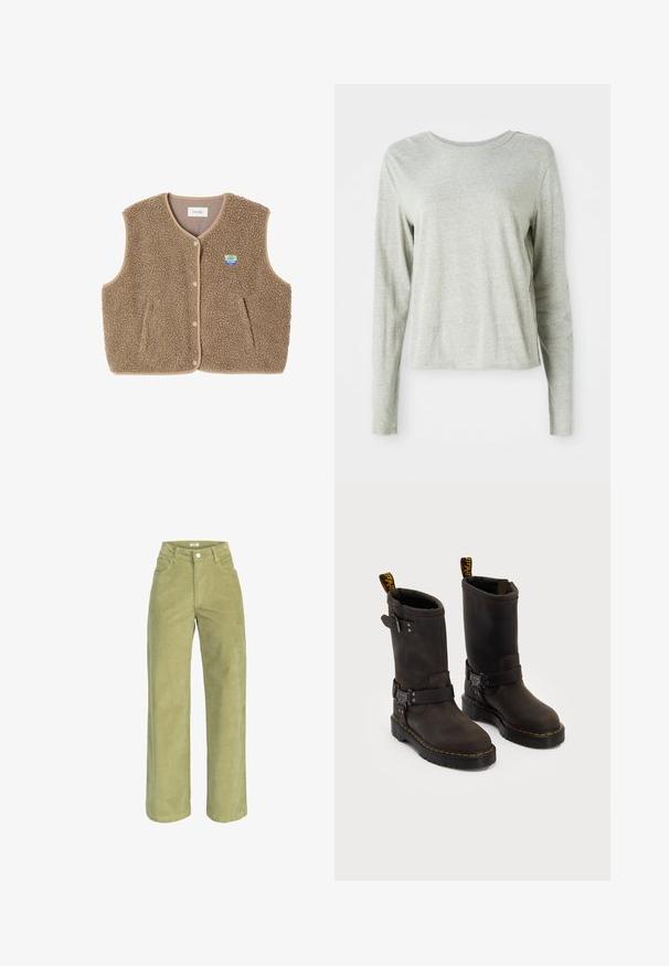Bruine fleece vest met een zachte textuur, ronde halslijn, sluiting met drukknoop aan de voorkant en zijzakken; heeft een kleine logo patch.; Lichtgrijs shirt met lange mouwen, gemaakt van zachte stof, met een ronde halslijn en een relaxte pasvorm. Naaddetails langs de zijkanten.; Groene corduroy wijde broek met hoge taille, voorzien van voorzakken en een knoopsluiting aan de voorkant, met een zachte textuur en gestructureerde vorm.; Donkerbruin leren laarzen met een ontwerp tot halverwege de kuit, gele stiksels, verstelbare gespbanden en trekflappen aan de bovenkant. Gestructureerde afwerking.