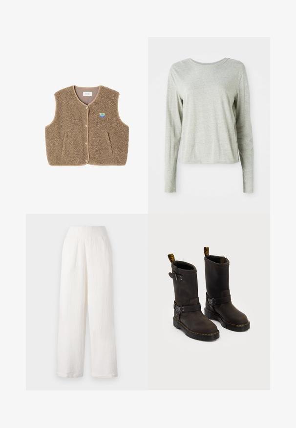 Chaleco de forro polar marrón con una textura suave, escote redondeado, cierre frontal de botones a presión y bolsillos laterales; presenta un pequeño parche con el logo.; Camisa de manga larga gris claro, hecha de una tela suave, con un escote redondo y un corte relajado. Detalles de costura a lo largo de los lados.; Pantalones de pierna ancha blancos con un tejido texturizado y arrugado. Cuenta con una cinturilla elástica y bolsillos laterales para mayor comodidad.; Botas de cuero marrón oscuro con un diseño a media pantorrilla, costuras amarillas, correas de hebilla ajustables y lengüetas de tirón en la parte superior. Acabado texturizado.