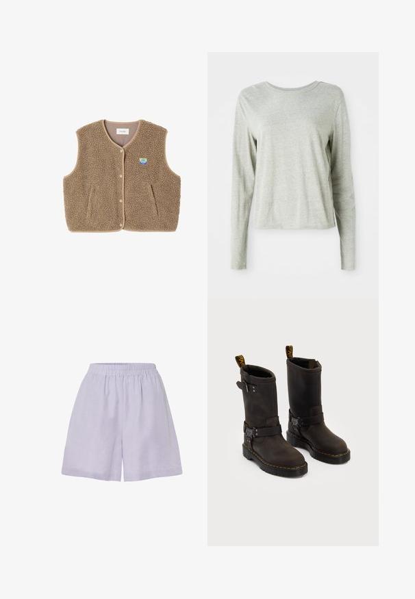Chaleco de forro polar marrón con una textura suave, escote redondeado, cierre frontal de botones a presión y bolsillos laterales; presenta un pequeño parche con el logo.; Camisa de manga larga gris claro, hecha de una tela suave, con un escote redondo y un corte relajado. Detalles de costura a lo largo de los lados.; Pantalones cortos de lavanda clara hechos de una tela suave, con una cinturilla elástica y un corte relajado, presentando un diseño simple y sin adornos.; Botas de cuero marrón oscuro con un diseño a media pantorrilla, costuras amarillas, correas de hebilla ajustables y lengüetas de tirón en la parte superior. Acabado texturizado.