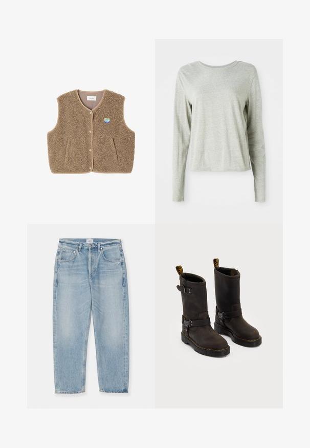 Rudas pūkų liemenė su minkšta tekstūra, suapvalintu apykakle, priekiniais spaudžiamaisiais užtrauktukais ir šoninėmis kišenėmis; turi mažą logotipo etikėtę.; Šviesiai pilkas ilgomis rankovėmis marškinėliai, pagaminti iš minkštos medžiagos, su apvaliomis iškirpėmis ir laisvu siluetu. Siūlų detalės šonuose.; Šviesiai mėlynos džinsinės kelnės su dėvėtu išvaizda, tiesaus kirpimo, penkiomis kišenėmis ir mygtuko užsegimu. Neapdirbti hemiai ties kulkšnimis.; Tamsiai rudos odinės botai su vidutinio ilgio dizainu iki blauzdos, geltonomis siūlėmis, reguliuojamais sagtelėmis ir užtrauktukais viršuje. Tekstūruotas paviršius.