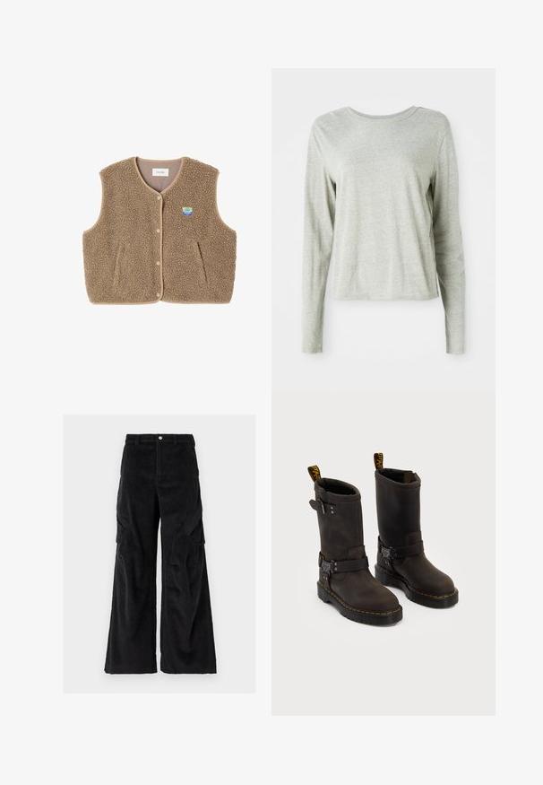 Rjav flis brezrokavnik z mehko teksturo, okroglim ovratnikom, sprednjim zapiranjem na pritiskače in stranskimi žepe; ima majhen logotip.; Svetlo siva majica z dolgimi rokavi, izdelana iz mehkega materiala, s krožnim ovratnikom in sproščenim krojem. Šivi ob straneh.; Črne kordurojske cargo hlače s širokimi nogavicami, ki imajo teksturirane vertikalne rebraste vzorce, stranske žepke in gumbasto zapiranje v pasu.; Temno rjave usnjene čevlje s srednje dolgim dizajnom, rumenimi šivi, nastavljivimi sponkami in zanka za vlečenje na vrhu. Tekstura na površini.