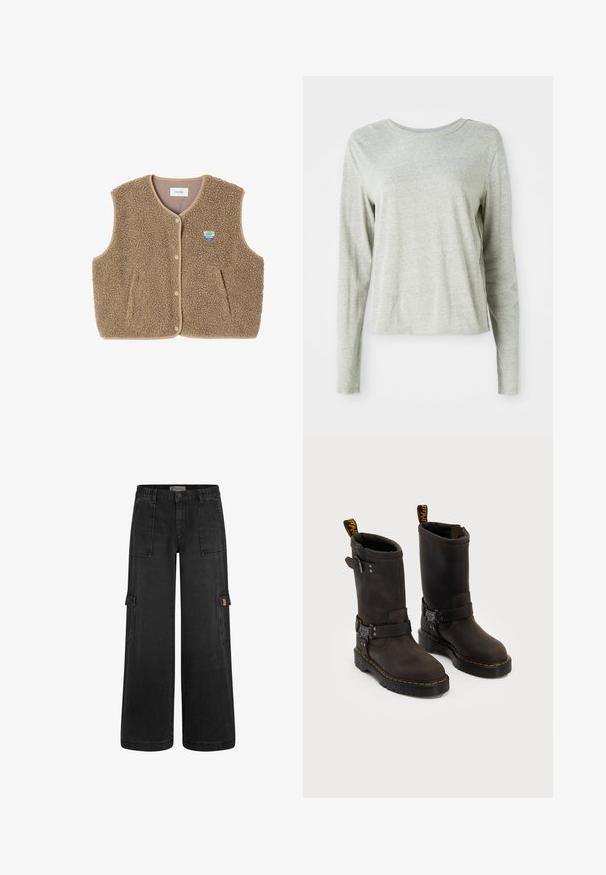 Brun fleece vest med en blød tekstur, rund halsudskæring, frontsnaplukning og sidelommer; har et lille logo patch.; Lys grå langærmet skjorte lavet af blødt stof, med rund halsudskæring og en afslappet pasform. Syninger langs siderne.; Sorte cargo-bukser med afslappet pasform, elastisk talje, flere frontlommer og sidelommer. Fremstillet af slidstærkt denim-materiale.; Mørkebrune læderstøvler med en midt-lægre design, gule syninger, justerbare spænder og trækflapper på toppen. Struktureret finish.