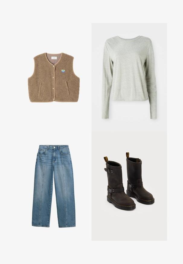 Pruun fliistekampsun pehmea tekstuuriga, ümar kaelus, eesnööbiga sulgemine ja küljetaskud; sisaldab väikest logo silti.; Heledane hallide särk pikkade varrukatega, pehmest kangast, ümmarguse kaelusega ja mugava lõikega. Õmblusdetailid külgedel.; Heledad sinised teksad, laia sääre ja kõrge vöökohaga. Omab klassikalist viie tasku disaini ning õmmeldud esipaneele lisade jaoks.; Tumedate pruunid nahast saapad keskmise kannaga, kollased õmblused, reguleeritavad klambrid ja tõmblukud ülaosas. Marmoreeritud viimistlus.