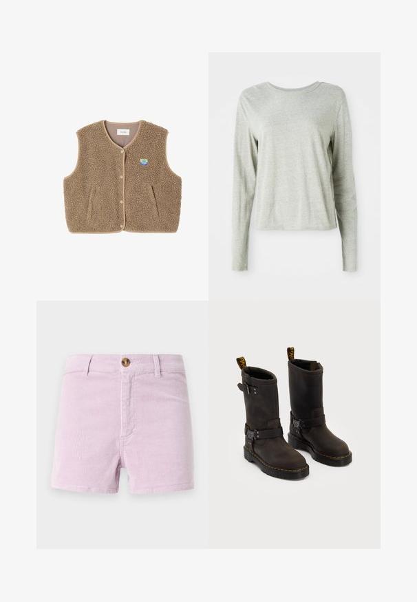 Brun fleece vest med en blød tekstur, rund halsudskæring, frontsnaplukning og sidelommer; har et lille logo patch.; Lys grå langærmet skjorte lavet af blødt stof, med rund halsudskæring og en afslappet pasform. Syninger langs siderne.; Lys lavendel corduroy shorts med knaplukning, der har et tekstureret ribbet design og forlommer, skåret over låret.; Mørkebrune læderstøvler med en midt-lægre design, gule syninger, justerbare spænder og trækflapper på toppen. Struktureret finish.