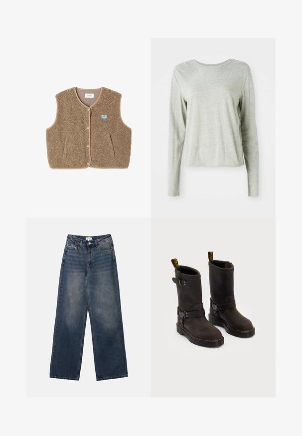 Ruskea fleece-liivi, jossa on pehmeä rakenne, pyöreä kaula-aukko, edessä nappisuljenta ja sivutaskut; sisältää pienen logopatchin.; Vaaleanharmaa pitkähihaista paitaa, jossa on pehmeä materiaali, pyöreä pääntie ja rento istuvuus. Saumat yksityiskohtina sivuilla.; Miesten korkea vyötärö siniset farkut, joissa on leveät lahkeet, etunappi ja vetoketju sekä etu- ja takataskut.; Tummanruskeat nahkakengät, joissa on keskipolven pituinen muotoilu, keltaiset ompeleet, säädettävät solkihihnat ja vetonauhat ylhäällä. Rapeutettu pinta.