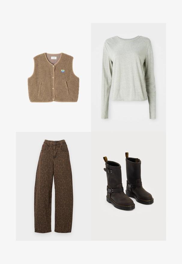 Hnědá fleecová vesta s jemnou texturou, kulatým výstřihem, předním zapínáním na patentky a bočními kapsami; má malou nášivku s logem.; Světle šedá košile s dlouhým rukávem vyrobená z měkké tkaniny, s kulatým výstřihem a uvolněným střihem. Švy podél boků.; Hnědé džíny s leopardím potiskem, široké nohavice s vysokým pasem, zapínání na knoflík a dvěma předními kapsami. Vyrobeno z denimu s hladkou texturou.; Tmavě hnědé kožené boty se středně dlouhým designem, žlutým prošíváním, nastavovacími přezkami a poutky na vršku. Texturovaný povrch.
