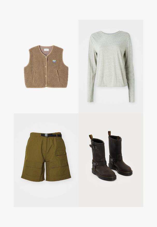 Chaleco de forro polar marrón con una textura suave, escote redondeado, cierre frontal de botones a presión y bolsillos laterales; presenta un pequeño parche con el logo.; Camisa de manga larga gris claro, hecha de una tela suave, con un escote redondo y un corte relajado. Detalles de costura a lo largo de los lados.; Pantalones cortos cargo en color verde oliva, hechos de tejido ligero. Cuenta con una cinturilla elástica con un cinturón negro, dos bolsillos laterales y dos bolsillos cargo.; Botas de cuero marrón oscuro con un diseño a media pantorrilla, costuras amarillas, correas de hebilla ajustables y lengüetas de tirón en la parte superior. Acabado texturizado.