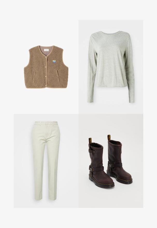 Hnedý fleecový vest s mäkkou štruktúrou, okrúhlym výstrihom, predným zapínaním na cvoky a bočnými vreckami; obsahuje malé logom.; Svetlošedá dlhá rukávová košeľa vyrobená z mäkkej látky, s okrúhlym výstrihom a voľným strihom. Švy podél strán.; Svetlo béžové nohavice s rovnými nohavicami vyrobené z bavlny, s plochým predným dielom, pútkami na opasok a bez viditeľných vreciek alebo vzorov.; Hnedé kožené čižmy so stredne dlhým dizajnom, s pásikom a prackou, hrubou čiernou podrážkou a žltými prešívacími detailmi.