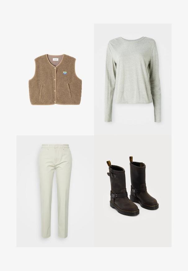 Brown fleece vest with a soft texture, rounded neckline, front snap closure, and side pockets; features a small logo patch.; Light gray long-sleeve shirt made of soft fabric, featuring a round neckline and a relaxed fit. Seam details along the sides.; Light beige straight-leg trousers made of cotton, featuring a flat front, belt loops, and no visible pockets or patterns.; Dark brown leather boots with a mid-calf design, yellow stitching, adjustable buckle straps, and pull tabs on the top. Textured finish.