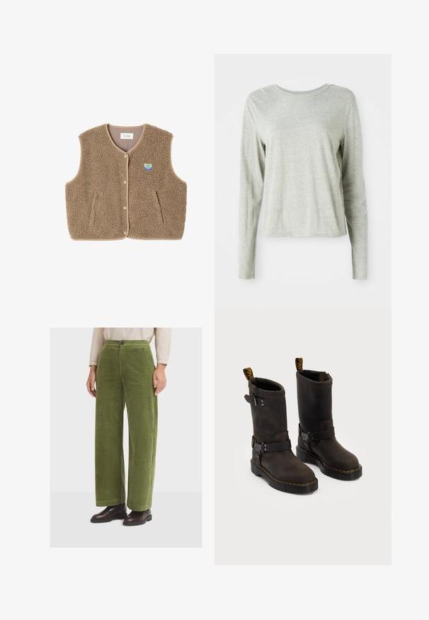 Brązowa kamizelka z polaru o miękkiej fakturze, z okrągłym dekoltem, z przodu na zatrzaski oraz z bocznymi kieszeniami; zawiera małą naszywkę z logo.; Jasnoszara koszula z długim rękawem, wykonana z miękkiego materiału, z okrągłym dekoltem i luźnym krojem. Szczegóły szwów po bokach.; Zielone spodnie z sztruksu o szerokich nogawkach, z wysokim stanem i przednimi kieszeniami, z pojedynczym zapięciem na guzik oraz teksturowaną, prążkowaną powierzchnią.; Ciemnobrązowe skórzane buty z projektu do połowy łydki, żółte szwy, regulowane paski z klamrami oraz pętle do zakupu na górze. Teksturowane wykończenie.