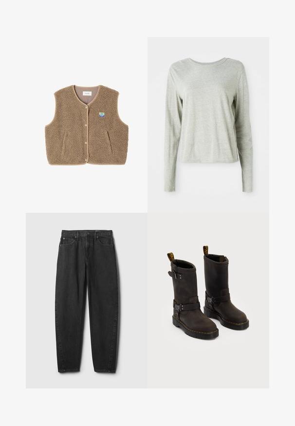 Pruun fliistekampsun pehmea tekstuuriga, ümar kaelus, eesnööbiga sulgemine ja küljetaskud; sisaldab väikest logo silti.; Heledane hallide särk pikkade varrukatega, pehmest kangast, ümmarguse kaelusega ja mugava lõikega. Õmblusdetailid külgedel.; Mustad teksapükstid sirgete säärtega, viie tasku, nööpidega sulgumise ja minimaalsete õmbluste detailidega. Klassikaline disain ja tekstuur.; Tumedate pruunid nahast saapad keskmise kannaga, kollased õmblused, reguleeritavad klambrid ja tõmblukud ülaosas. Marmoreeritud viimistlus.