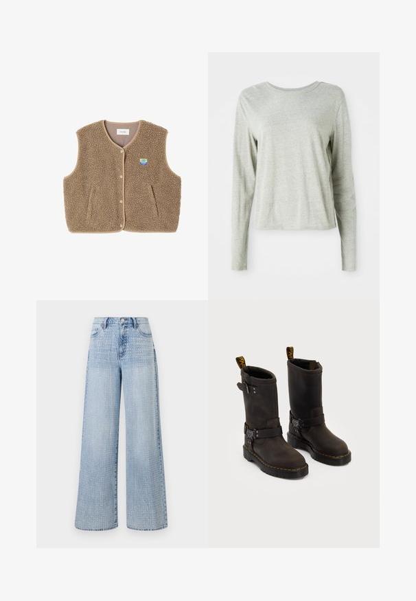 Smeđa flis prsluk s mekom teksturom, okruglim izrezom, prednjim zatvaranjem na kopču i bočnim džepovima; sadrži malu oznaku loga.; Svijetlosiva majica dugih rukava izrađena od mekog materijala, s okruglim izrezom i opuštenim krojem. Šavovi su detaljno izrađeni duž bočnih strana.; Svijetloplavi traper hlače širokih nogavica, s točkicama po tkanini i visokim strukom uz klasičan dizajn s pet džepova.; Tamno smeđe kožne čizme srednje visine, sa žutim šavovima, podesivim kopčama i ručicama za povlačenje na vrhu. Teksturirana površina.