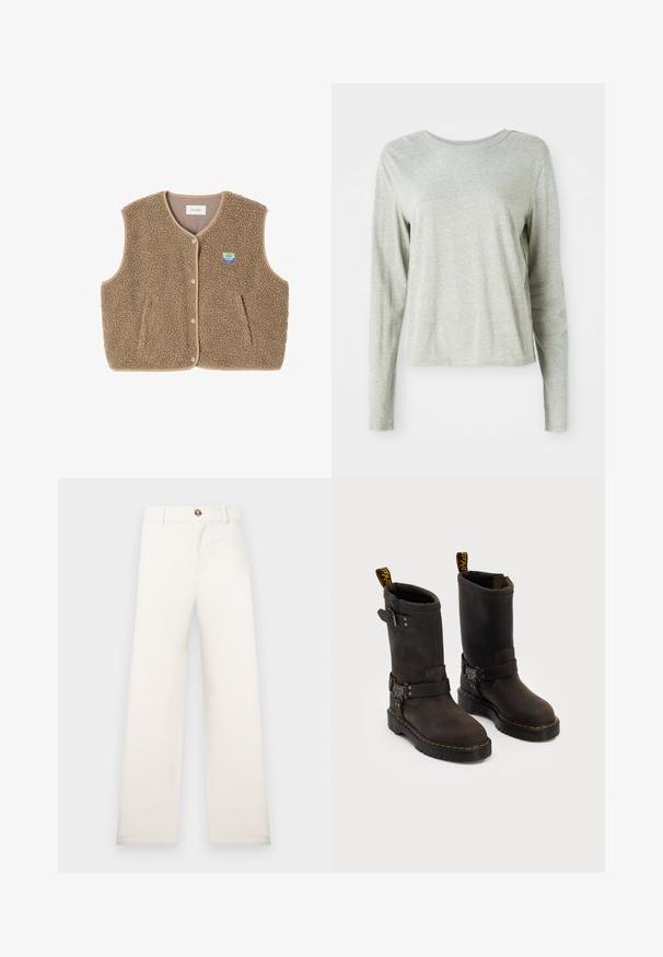 Bruine fleece vest met een zachte textuur, ronde halslijn, sluiting met drukknoop aan de voorkant en zijzakken; heeft een kleine logo patch.; Lichtgrijs shirt met lange mouwen, gemaakt van zachte stof, met een ronde halslijn en een relaxte pasvorm. Naaddetails langs de zijkanten.; Beige, wijde broek gemaakt van een textuurstof. Voorzien van een sluiting met knopen aan de voorkant en riemlussen. Eenvoudig en strak ontwerp zonder patronen.; Donkerbruin leren laarzen met een ontwerp tot halverwege de kuit, gele stiksels, verstelbare gespbanden en trekflappen aan de bovenkant. Gestructureerde afwerking.