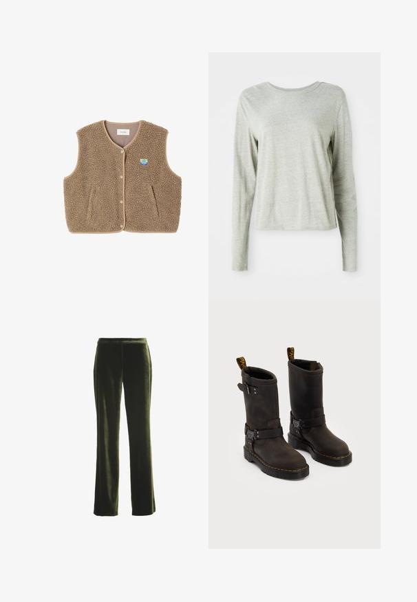 Bruine fleece vest met een zachte textuur, ronde halslijn, sluiting met drukknoop aan de voorkant en zijzakken; heeft een kleine logo patch.; Lichtgrijs shirt met lange mouwen, gemaakt van zachte stof, met een ronde halslijn en een relaxte pasvorm. Naaddetails langs de zijkanten.; Donkergroene fluwelen rechte broek met een elastische tailleband, plat getoond op een witte achtergrond.; Donkerbruin leren laarzen met een ontwerp tot halverwege de kuit, gele stiksels, verstelbare gespbanden en trekflappen aan de bovenkant. Gestructureerde afwerking.