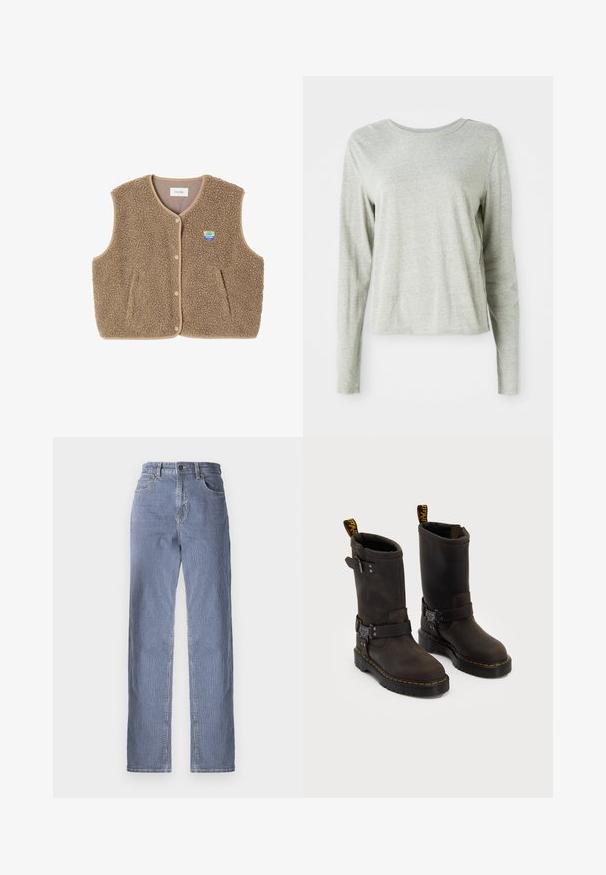Rjav flis brezrokavnik z mehko teksturo, okroglim ovratnikom, sprednjim zapiranjem na pritiskače in stranskimi žepe; ima majhen logotip.; Svetlo siva majica z dolgimi rokavi, izdelana iz mehkega materiala, s krožnim ovratnikom in sproščenim krojem. Šivi ob straneh.; Prugaste jeanske hlače s ravnim krojem, z gumbom in zadrgo za zapiranje, petimi žepi in rahlo blede barve.; Temno rjave usnjene čevlje s srednje dolgim dizajnom, rumenimi šivi, nastavljivimi sponkami in zanka za vlečenje na vrhu. Tekstura na površini.