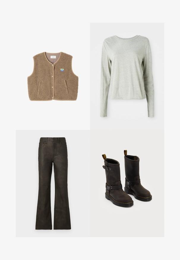 Brauner Fleece-Weste mit weicher Textur, runder Ausschnitt, vorderer Druckverschluss und Seitentaschen; verfügt über ein kleines Logo-Patch.; Helles graues Langarmshirt aus weichem Stoff, mit einem runden Halsausschnitt und lockerem Schnitt. Nahtdetails an den Seiten.; Braune Jeans mit ausgestelltem Bein aus Kunstleder mit glatter Textur, ausgestattet mit fünf Taschen und einem Reißverschluss. Kontrastnähte entlang der Nähte.; Dunkelbraune Lederstiefel mit einem Design bis zur Mitte der Wade, gelben Nähten, verstellbaren Schnallenriemen und Zuglaschen oben. Strukturierte Oberfläche.