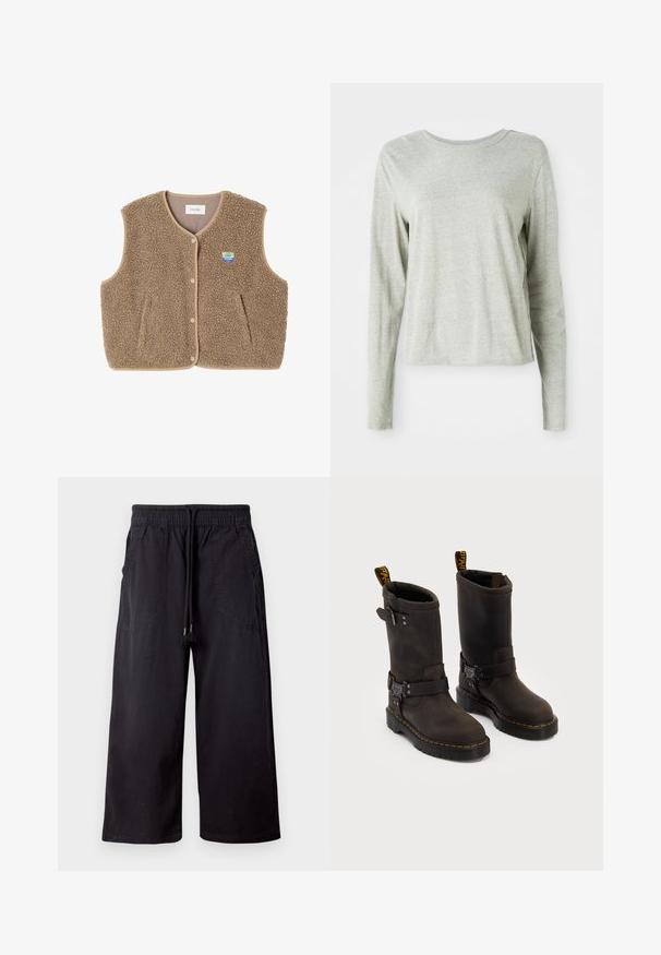 Hnědá fleecová vesta s jemnou texturou, kulatým výstřihem, předním zapínáním na patentky a bočními kapsami; má malou nášivku s logem.; Světle šedá košile s dlouhým rukávem vyrobená z měkké tkaniny, s kulatým výstřihem a uvolněným střihem. Švy podél boků.; Černé široké kalhoty vyrobené z bavlny, s elastickým pasem na šňůrku, dvěma bočními kapsami a hladkým matným povrchem.; Tmavě hnědé kožené boty se středně dlouhým designem, žlutým prošíváním, nastavovacími přezkami a poutky na vršku. Texturovaný povrch.