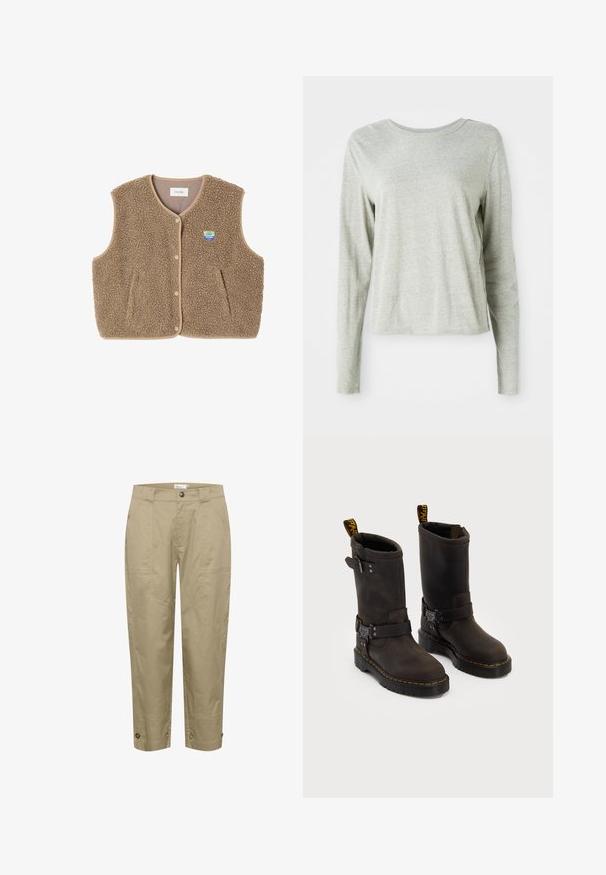 Brun fleeceväst med en mjuk textur, rundad halsringning, knappstängning fram och sidofickor; har en liten logopatch.; Ljust grå långärmad skjorta av mjukt tyg, med rund halsringning och avslappnad passform. Söm detaljer längs sidorna.; Beiga, lätta byxor med rak passform, som har sidofickor och knappdetaljer vid fållen för justerbar passform och stil.; Mörkbruna läderstövlar med medellång design, gula sömmar, justerbara spännband och dragflikar upptill. Texturerad yta.