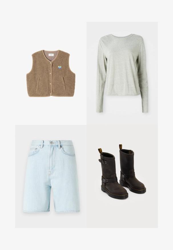 Pruun fliistekampsun pehmea tekstuuriga, ümar kaelus, eesnööbiga sulgemine ja küljetaskud; sisaldab väikest logo silti.; Heledane hallide särk pikkade varrukatega, pehmest kangast, ümmarguse kaelusega ja mugava lõikega. Õmblusdetailid külgedel.; Heledad sinised teksashortsid kõrge vöökohaga, viie taskuga disain ja messingist nööbiga sulgemine. Omab peent õmblust ning tooreni lõigatud servadega.; Tumedate pruunid nahast saapad keskmise kannaga, kollased õmblused, reguleeritavad klambrid ja tõmblukud ülaosas. Marmoreeritud viimistlus.