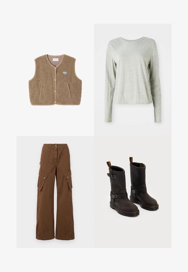 Brauner Fleece-Weste mit weicher Textur, runder Ausschnitt, vorderer Druckverschluss und Seitentaschen; verfügt über ein kleines Logo-Patch.; Helles graues Langarmshirt aus weichem Stoff, mit einem runden Halsausschnitt und lockerem Schnitt. Nahtdetails an den Seiten.; WEEKEND MaxMara LUCY HALE ELVY - Cargohose - marrone; Dunkelbraune Lederstiefel mit einem Design bis zur Mitte der Wade, gelben Nähten, verstellbaren Schnallenriemen und Zuglaschen oben. Strukturierte Oberfläche.