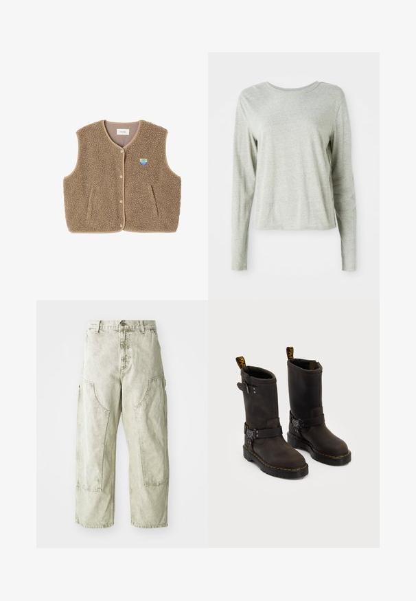 Rudas pūkų liemenė su minkšta tekstūra, suapvalintu apykakle, priekiniais spaudžiamaisiais užtrauktukais ir šoninėmis kišenėmis; turi mažą logotipo etikėtę.; Šviesiai pilkas ilgomis rankovėmis marškinėliai, pagaminti iš minkštos medžiagos, su apvaliomis iškirpėmis ir laisvu siluetu. Siūlų detalės šonuose.; Šviesiai žali plataus kirpimo cargo džinsai, su didelėmis šoninėmis kišenėmis, mygtuko ir užtrauktuko uždarymu, bei matomais siuvimo detalėmis.; Tamsiai rudos odinės botai su vidutinio ilgio dizainu iki blauzdos, geltonomis siūlėmis, reguliuojamais sagtelėmis ir užtrauktukais viršuje. Tekstūruotas paviršius.