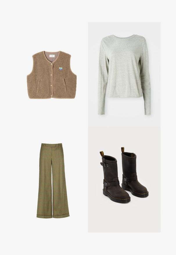 Bruine fleece vest met een zachte textuur, ronde halslijn, sluiting met drukknoop aan de voorkant en zijzakken; heeft een kleine logo patch.; Lichtgrijs shirt met lange mouwen, gemaakt van zachte stof, met een ronde halslijn en een relaxte pasvorm. Naaddetails langs de zijkanten.; Luisa Spagnoli OSPITALITA - Broek - verde bosco; Donkerbruin leren laarzen met een ontwerp tot halverwege de kuit, gele stiksels, verstelbare gespbanden en trekflappen aan de bovenkant. Gestructureerde afwerking.