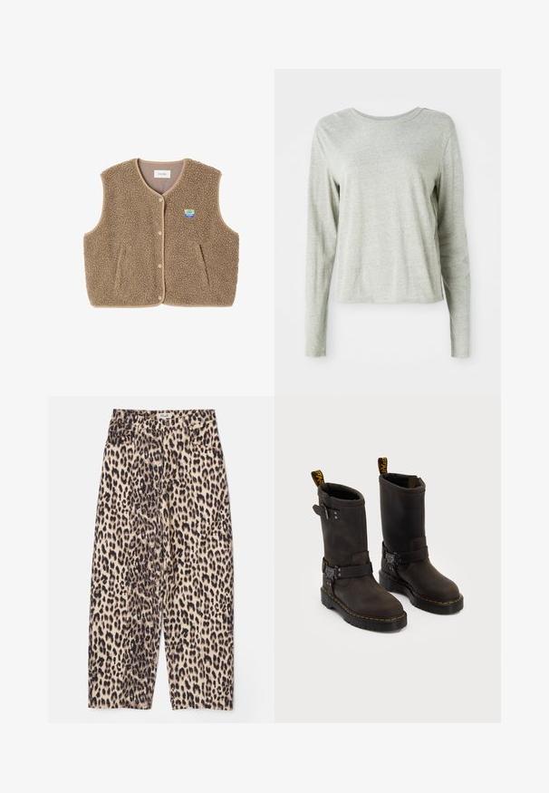 Brązowa kamizelka z polaru o miękkiej fakturze, z okrągłym dekoltem, z przodu na zatrzaski oraz z bocznymi kieszeniami; zawiera małą naszywkę z logo.; Jasnoszara koszula z długim rękawem, wykonana z miękkiego materiału, z okrągłym dekoltem i luźnym krojem. Szczegóły szwów po bokach.; Spodnie w panterkę w kolorze beżowym i czarnym, charakteryzujące się luźnym krojem, teksturowanym materiałem oraz czterema kieszeniami i pasem.; Ciemnobrązowe skórzane buty z projektu do połowy łydki, żółte szwy, regulowane paski z klamrami oraz pętle do zakupu na górze. Teksturowane wykończenie.