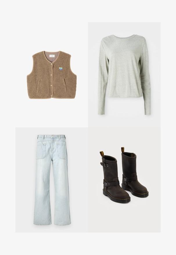 Rudas pūkų liemenė su minkšta tekstūra, suapvalintu apykakle, priekiniais spaudžiamaisiais užtrauktukais ir šoninėmis kišenėmis; turi mažą logotipo etikėtę.; Šviesiai pilkas ilgomis rankovėmis marškinėliai, pagaminti iš minkštos medžiagos, su apvaliomis iškirpėmis ir laisvu siluetu. Siūlų detalės šonuose.; Šviesiai mėlynos džinsinės plačios kojų kelnės su aukštu liemeniu, dviem galinėmis kišenėmis ir subtiliais blukimo efektais, išsiuvinėtomis geltonomis siūlėmis.; Tamsiai rudos odinės botai su vidutinio ilgio dizainu iki blauzdos, geltonomis siūlėmis, reguliuojamais sagtelėmis ir užtrauktukais viršuje. Tekstūruotas paviršius.