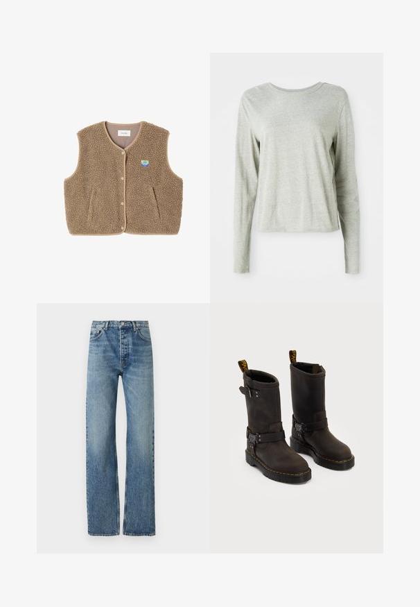 Pruun fliistekampsun pehmea tekstuuriga, ümar kaelus, eesnööbiga sulgemine ja küljetaskud; sisaldab väikest logo silti.; Heledane hallide särk pikkade varrukatega, pehmest kangast, ümmarguse kaelusega ja mugava lõikega. Õmblusdetailid külgedel.; Heled sinised, kõrge vöökohtadega teksad otse jalgade disainiga, valmistatud denimkangast. Omavad klassikalist viit taskut ja hõbedast riistvara.; Tumedate pruunid nahast saapad keskmise kannaga, kollased õmblused, reguleeritavad klambrid ja tõmblukud ülaosas. Marmoreeritud viimistlus.